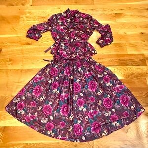 Vintage Silver Threads LTD. 2Pcs Floral Plum Purple Blouse & Skirt size 12 USA